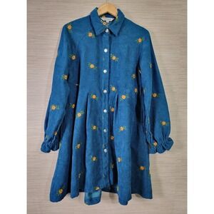 Davi & Dani Women's Blue Corduroy Floral Embroidered Button Front Dress M